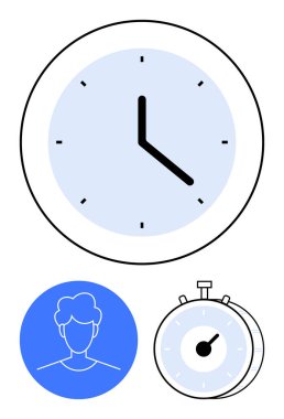 Duvar saati, kronometre ve mavi kullanıcı avatarı zaman izleme, verimlilik ve kişisel sorumluluğu vurguluyor. Üretkenlik, teslim tarihleri, takvim, öncelik sıralaması kişisel büyüme işleri için ideal