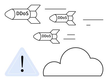 Roketler, DDoS etiketli bir ünlem işareti uyarı sembolüyle bulutu hedefliyor. Siber güvenlik, veri koruması, çevrimiçi güvenlik, internet tehditleri, bilişim altyapısı, risk yönetimi için ideal. Çizgi