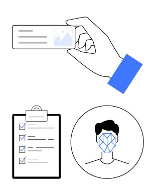 El sürüme kimlik kartı, işaretli görevler listesi, yüz tanımlama konsepti. Kimlik doğrulama, dijital güvenlik, biyometrik, kimlik doğrulama, teknoloji, soyut çizgiye uyum için ideal