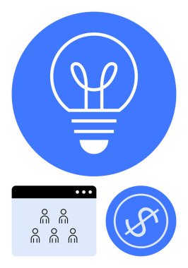 Mavi daireli ampul, tarayıcı pencereli bir grup insan ve daire şeklinde dolar işareti. Yenilik için ideal, takım çalışması, mali başarı, beyin fırtınası, strateji, girişimcilik soyut çizgisi