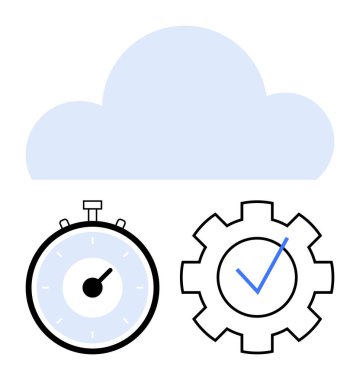 Kronometre ve teçhizat mavi bulutun altında işaretli. Bulut hizmetleri, verimlilik, optimizasyon, zaman yönetimi, üretkenlik, veri depolama ve teknoloji için ideal. Satır metaforu