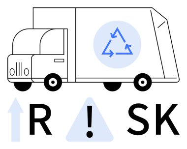 Geri dönüşüm sembolünün yanı sıra RISK harfleri ve yukarı doğru ok içeren bir teslimat kamyonu. Çevre bilinci, lojistik, sürdürülebilirlik, ulaşım güvenliği ve atık için ideal