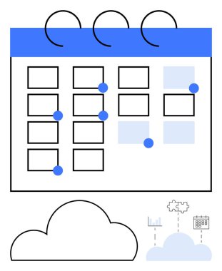 İşaretli tarihli takvim, bulut depolama simgeleri ve veri analiz grafiği. Zaman yönetimi araçları, zamanlama uygulamaları, proje planlaması, dijital takvimler, bulut hesaplama, üretkenlik araçları için ideal