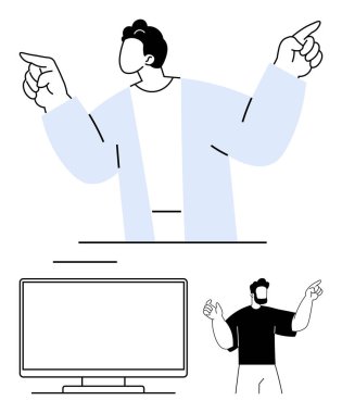 İki eliyle hareket eden kişi, geniş ekran ve başka bir kişiyi işaret eden kişi. Sunumlar, eğitim, talimatlar, iş eğitimi, atölyeler, çevrimiçi kurslar için ideal