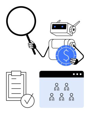 Robot, kontrol listesi ve kullanıcı arayüzü penceresinin yanında büyüteç ve bozuk para tutuyor. Yapay zeka, otomasyon, veri analizi, fintech, verimlilik, kullanıcı yönetimi, soyut düz metafor için ideal