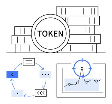 TOKEN etiketli bozuk paralar, oklu bisiklet akış şeması, veri odaklı grafikler. Engelleme zinciri, kripto para birimi, analitik, ticaret, fintech, soyut çizgi düz metafor için ideal