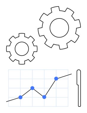 Yükselen bir çizgi grafiğinin üzerinde veri noktalarıyla birbirine kenetlenmiş iki vites, ilerleme ve verimliliği gösteriyor. İş, strateji, analitik, mühendislik, takım çalışması, yenilik, soyut çizgi için ideal