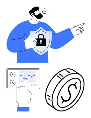 Adam kalkanı kilit altında tutuyor, parmak kontrol paneli ayarları ayarlanıyor ve bozuk para stilize ediliyor. Siber güvenlik, finans, rehberlik, kontroller, tasarruf koruma yatırımları için idealdir. Soyut satır düzlüğü