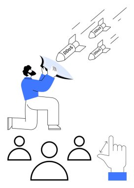 Man kneeling with shield deflecting DDOS-labeled missiles, targeting user icons. Hand cursor symbolizes digital interaction. Ideal for cybersecurity, digital safety, online protection, tech threats clipart