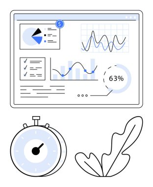 Çizelgeler, analitik gereçler ve ilerleme verileri olan gösterge paneli. Verimlilik, büyüme ve zaman yönetimi için kronometre ve yaprak motifleri. İş, analiz ve zaman ilerlemesi için ideal
