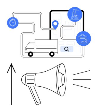 GPS haritasındaki bir rotayı takip eden kargo kamyonu. İzleme, hız ve konum güncellemeleri için ikonlar. Megafon anonsları gösteriyor. Lojistik, dağıtım hizmetleri, navigasyon için ideal.