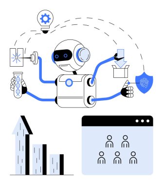 Birden fazla kol çizelgesi olan robot, ampul, laboratuvar şişesi, parmak izi ikonu, kutu ve dijital ekranlar. Yapay zeka, otomasyon, yenilik, veri güvenliği üretkenlik analizleri için idealdir.