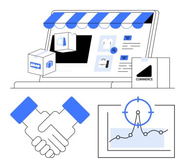 Dizüstü bilgisayar mağazası, ürün teslimat kutusu, el sıkışma ortaklığı ve analitik için grafik. E-ticaret stratejileri, iş büyümesi, pazarlama, satış, ortaklık veri içgörüleri için ideal