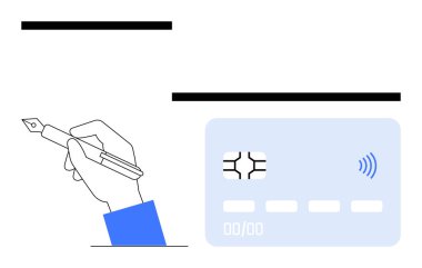 El ele tutuştuğumuz bir dolma kalem ve yanında da bağlantısız bir fiş kartı. Ödemeler için ideal, finans, bankacılık, çevrimiçi işlemler, sözleşmeler, belge imzalama, kişisel kimlik. Soyut çizgi