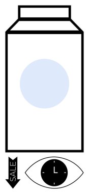 Süt karton tasarımı, merkezi mavi daire, siyah saat göz içinde, ve aşağı doğru ok işaretli satış. Paketleme, zaman, satış, pazarlama, görünürlük, soyut marka çizgisi için ideal
