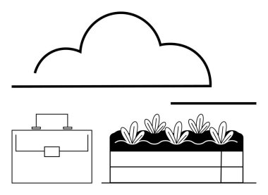 Bulut çizgisi, evrak çantası ve bitkilerle dolu bir bahçe yatağı. Sürdürülebilirlik, iş-yaşam dengesi, çevre dostu uygulamalar, tarım, minimalizm büyümesi ve uyum için ideal. Soyut satır düzlüğü