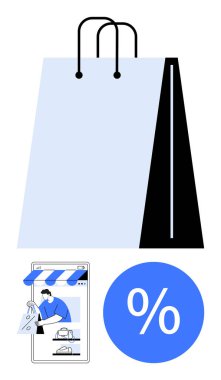 Alışveriş çantası, mobil uygulama ekranında satış yapan kişi ve indirimi gösteren yüzde simgesi. E-ticaret, mobil alışveriş, çevrimiçi perakende, indirimler, müşteri memnuniyeti için ideal