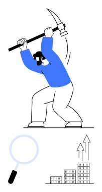 Yere kazmayla vuran kişi, büyüteç, analizi temsil eden büyüteç, büyüyen gökdelenler. Büyüme, ilerleme, analiz, üretkenlik, iş stratejisi, soyut çalışma çizgisi için ideal