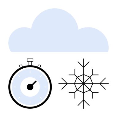 Cloud stopwatch and snowflake symbols. Ideal for weather, time management, climate, sports timing, winter-themed, seasonal changes, and freezing concepts. Line metaphor clipart