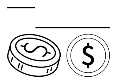 Ortasında basit bir dolar işareti olan ve yatay çizgilerle çevrili iki dolar sikkesi. Finansal eğitim, iş sunumları, ekonomik raporlar, eğitim materyalleri için ideal