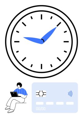 Mavi elli saat, dizüstü bilgisayarı olan kişi, zaman yönetimi, verimlilik ve çevrimiçi ödemeleri vurgulayan kredi kartı. Finans, e-ticaret, teknoloji ve son teslim tarihleri için ideal modernite