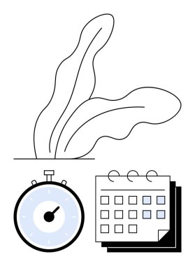 Kronometre takvimi basit soyut yaprak tasarımı ve asgari estetik. Üretkenlik, organizasyon, planlama, zaman yönetimi, verimlilik ve iş hayatı dengesi için idealdir. Çizgi