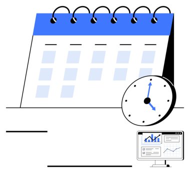 Spiral takvim, analog saat ve veri tabanlı bilgisayar monitörü. Zaman takibi, zaman çizelgesi, verimlilik, planlama, iş akışı için son tarih. Soyut çizgi düz metafor