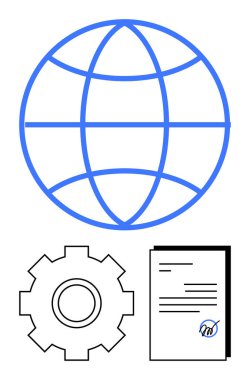 Kavisli çizgiler, mekanik teçhizat ve küresel iletişimi, ortaklıkları ve iş akışlarını gösteren imzalı bir belge. İş, teknoloji, uluslararası ticaret ve anlaşmalar için ideal