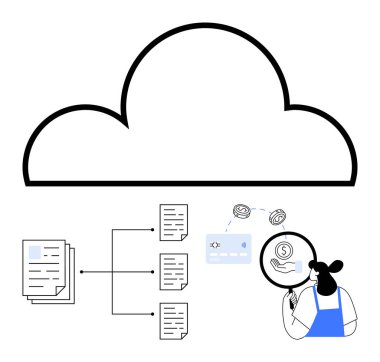 Bağlı belgelere sahip bulut simgesi, büyüteç, grafik ve grafikler kullanarak bireysel inceleme verileri. Bulut hesaplama, veri analizi, bilgi yönetimi, dijital depolama için ideal