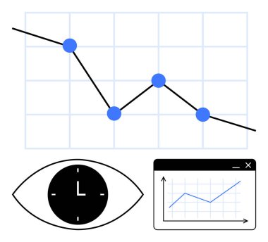 Mavi düğümlü çizgi grafiği, bir göz sembolünün içindeki saat, grafikli pencere. Analiz, ilerleme izleme, zaman yönetimi, iş büyümesi, performans ölçümleri, üretkenlik soyut çizgisi için ideal
