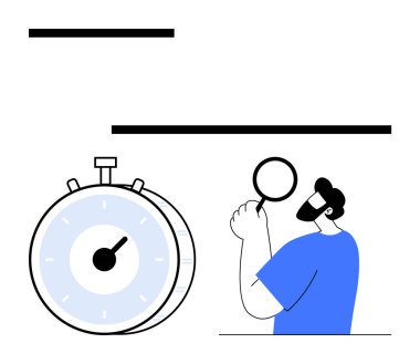 Elinde büyüteç tutan adam detayları inceliyor, büyük kronometre dikkat çekiyor hassasiyet, zamanlama ve verimliliğe odaklanıyor. Üretkenlik, analiz, teslim tarihleri, araştırma ve iş akışı stratejisi için ideal
