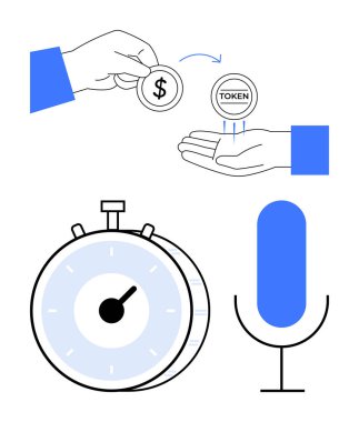 El yapımı para ve jeton almak zamanı simgeleyen kronometre ve iletişim için mikrofon. Finans, zaman yönetimi, işlemler, üretkenlik, iletişim, teknoloji için ideal