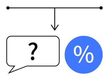 Black arrow splits into question mark speech bubble and percentage circle. Ideal for decision-making, choices, probabilities, problem-solving, analytics, statistical analysis, mathematical concepts clipart