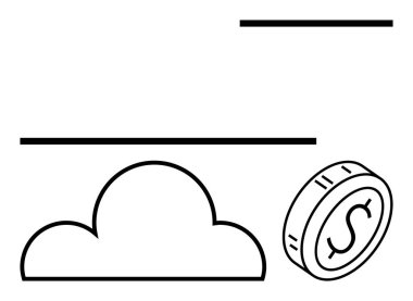 Yatay çizgilerin altında bulut ve eğik perspektifli bir bozuk para. Finans, teknoloji, bulut hesaplama, tasarruf, dijital hizmetler, çevrimiçi ödemeler, soyut düz metafor için ideal