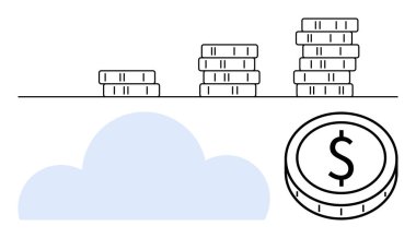 Bozuk para yığınları, mavi bulut ve büyük madeni para ikonu ile bir çizgi üzerinde boyut olarak artar. Finans, tasarruf, zenginlik yönetimi, yatırımlar, ekonomik büyüme, bulut teknolojisi, soyut çizgi düz