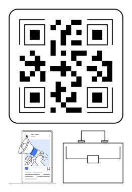 QR kodu, hoparlörlü akıllı telefon, ve dijital araçları sembolize eden evrak çantası, çevrimiçi reklamcılık ve profesyonel büyüme. Pazarlama, teknoloji, girişimcilik ve modern için idealdir.