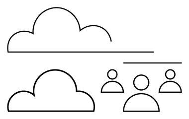 İnsanların çizgi çizilmiş figürlerine paralel iki bulut ana hatları takım çalışması, dijital ağ oluşturma veya paylaşılan sistemleri ortaya koymaktadır. Bağlantı, depolama, işbirliği, takım çalışması, bulut hizmetleri ve topluluk için ideal