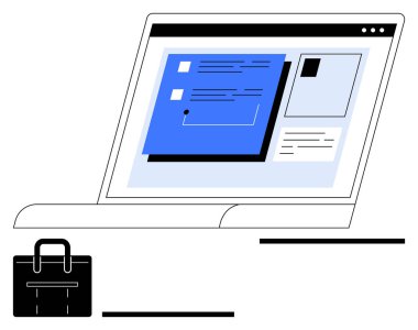 Dizüstü bilgisayarda veri kartları, metinler ve şekiller var. Evrak çantası sembolü de dahil. İş için ideal, üretkenlik, teknoloji, uzaktan çalışma, organizasyon analitikleri düz çizgi