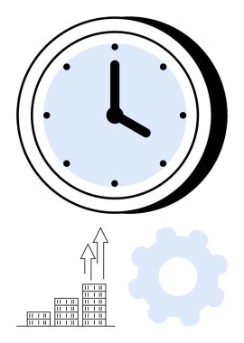 Yükselen çubuk grafiğinin üstünde, üzerinde oklar ve vites simgesi olan büyük bir saat. İş stratejisi, üretkenlik, verimlilik, zaman optimizasyonu, süreç iyileştirmesi, planlama, soyut çizgi düz metaforu için ideal