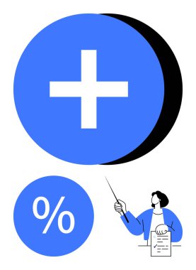 Beyaz artı işareti olan büyük mavi daire, yüzde sembolü olan küçük mavi daire, belgeyi gösteren kişi. Öğretim, hesaplamalar, mali planlama, strateji, hedefler, sunumlar için ideal