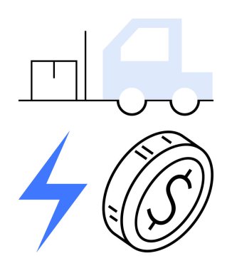 Lojistik, enerji verimliliği, sürdürülebilirlik, maliyet tasarrufu, iş stratejisi, ulaşım ve yeniliği sembolize eden mavi yıldırımlı bir kargo kamyonu. Soyut çizgi