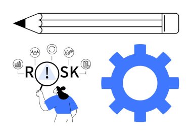 Riski büyüteç altında inceleyen bir kadın, yaratıcılığı gösteren büyük bir kalem, süreci sembolize eden bir dişli. Sorun çözme, risk yönetimi, yenilik, strateji ve verimlilik için ideal