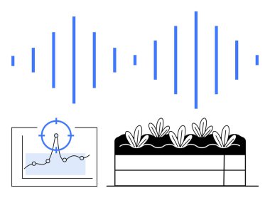 Ses dalgası deseni, büyüme analizi hedefli veri grafiği ve ekin alanı görselleri. Çiftçilik teknolojisi için ideal, akıllı sensörler, IoT tarım, veri analizleri, sürdürülebilirlik, yenilik soyut