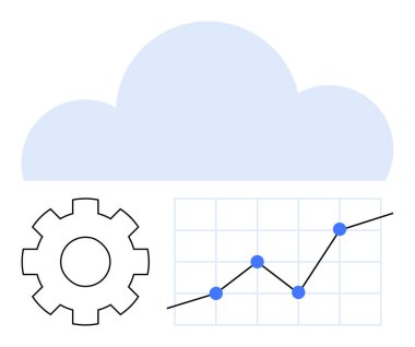 Dişli üzerinde mavi bulut simgesi ve ızgarada noktaları olan yükselen çizgi çizelgesi. Teknoloji hizmetleri, büyük veriler, analitik, bulut depolama, süreç optimizasyonu, iş büyümesi, soyut çizgi düz metaforu için ideal