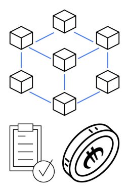 Engelleme zincirini temsil eden bağlı küp ağı, doğrulamayı sembolize eden işaretli kontrol listesi ve kripto para birimi simgesiyle para. Finansman için ideal, merkezi olmayan sistemler, kripto, teknoloji