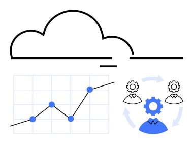 Bulut çizgisi, yukarı doğru eğilimli büyüme tablosu ve dişli ve döngüsel akışlı takım çalışması simgesi. Veri yönetimi, analitik, büyüme, takım çalışması, süreç iyileştirmesi, üretkenlik yeniliği için ideal