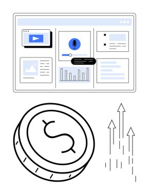 Grafikler, medya simgeleri ve veri görselleştirmeleri, bozuk para sembolleri ve yukarı doğru büyüyen oklarla dijital arayüz. İş analizleri için ideal, mali başarı, piyasa büyümesi, veri izleme yatırımı