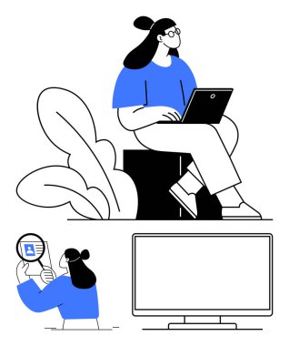 Dizüstü bilgisayarlı bir kadın, elinde büyüteç tutan bir kadın profil fotoğrafı ve boş bir bilgisayar ekranı. Teknoloji, eğitim, uzaktan çalışma, çevrimiçi kimlik ve kariyer için ideal