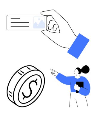 Resmi ve mesajı olan el ele tutuşmalar finansı sembolize eden dolar paraları, işaret eden kadın silueti. Kimlik, finans, profesyonellik, iş, yön, soyut çizgiler için ideal