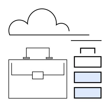 Bulut çizgisi, büyük evrak çantası, dosya yığını, yatay çizgiler. Bulut hesaplama, dijital depolama, iş araçları, veri yönetimi, organizasyon üretkenliği soyut çizgi düz metaforu için ideal